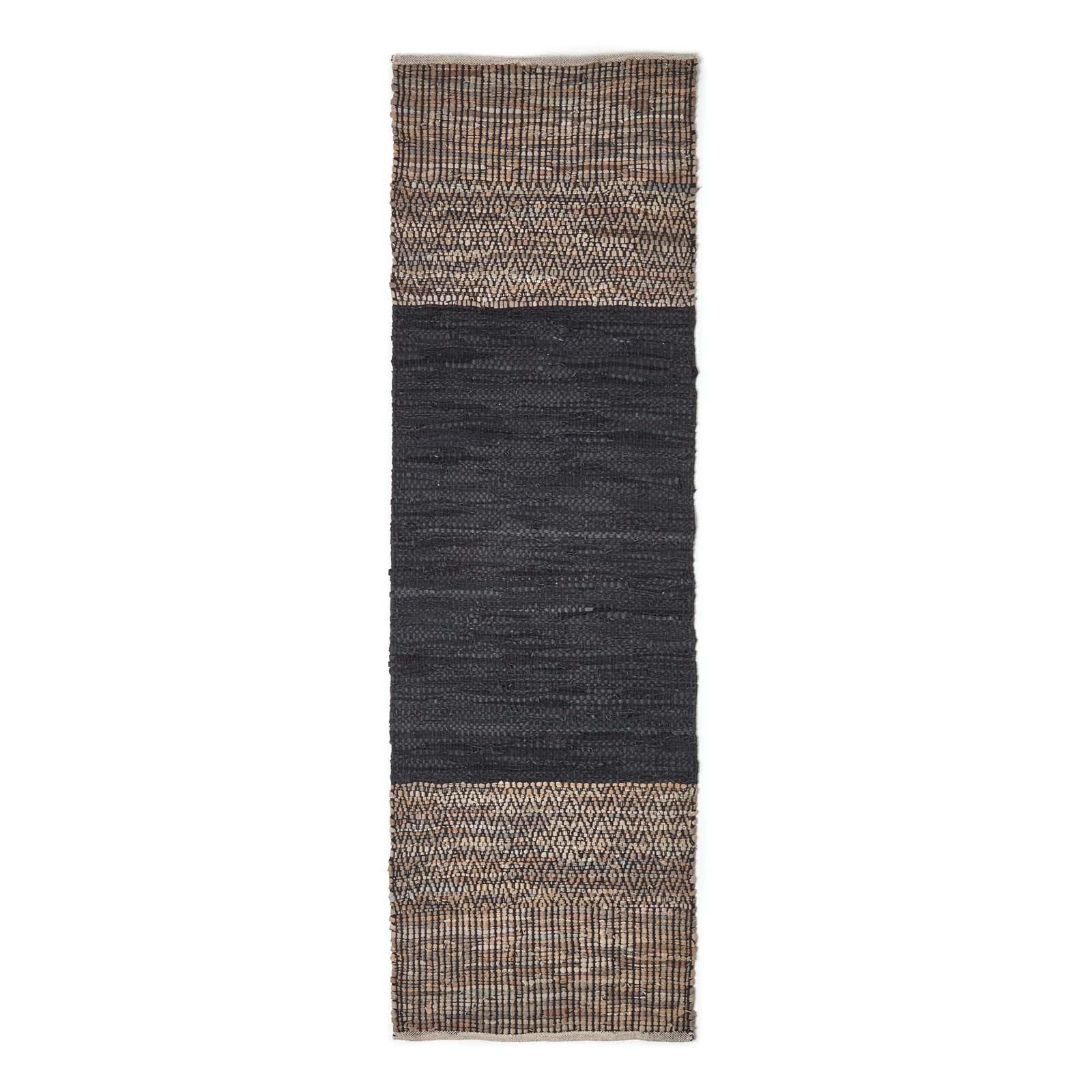 LEDERTEPPICH-LÄUFER mit Webmuster 66/200 cm - Schwarz, Leder (66/200cm) - Homescapes