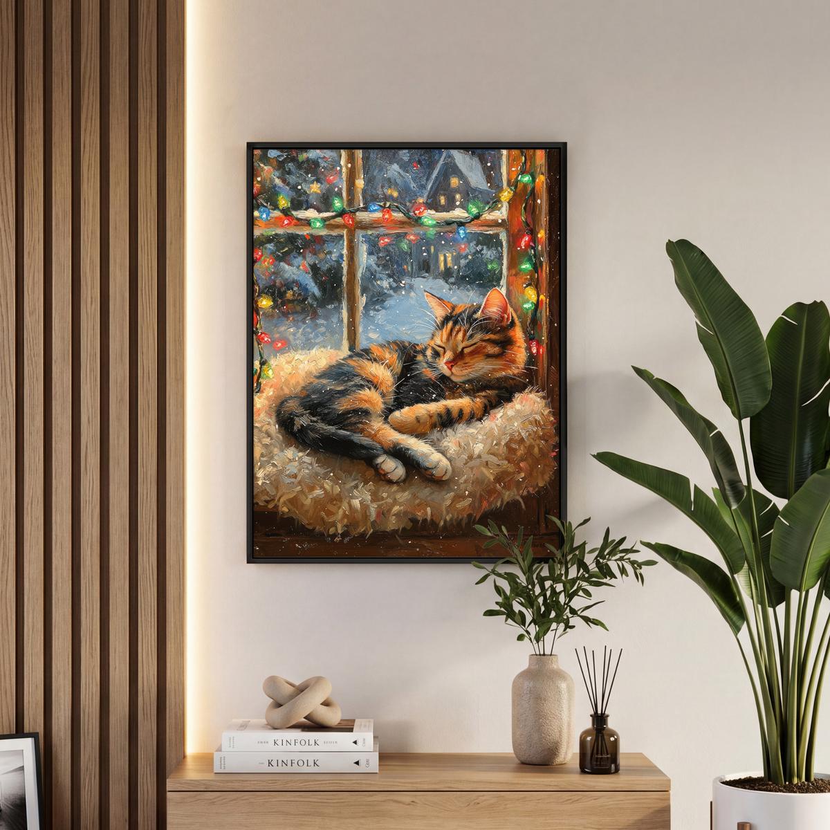 LEINWAND Bilder mit Rahmen - Katze - Weihnachten - Winter - Tier - 60x80 - Bernsteinfarben, Textil (60/80cm) - MuchoWow