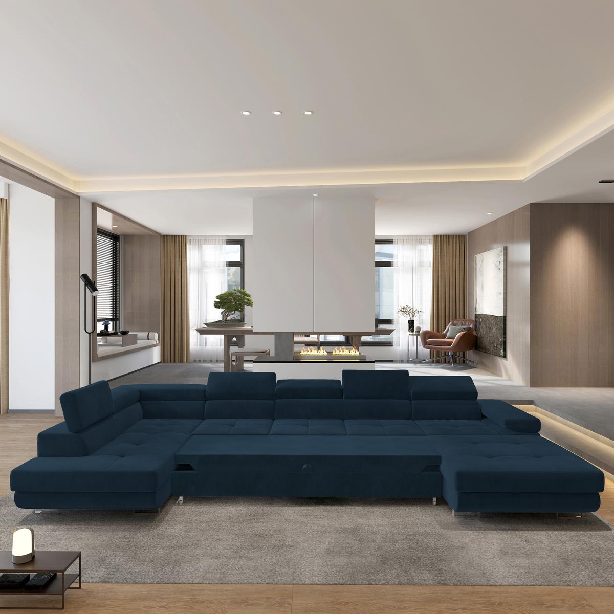 WOHNLANDSCHAFT TORIVA L-S Blau Velours-Stoff mit Schlaffunktion - Blau, Holz (418/90/202cm) - MASSENO