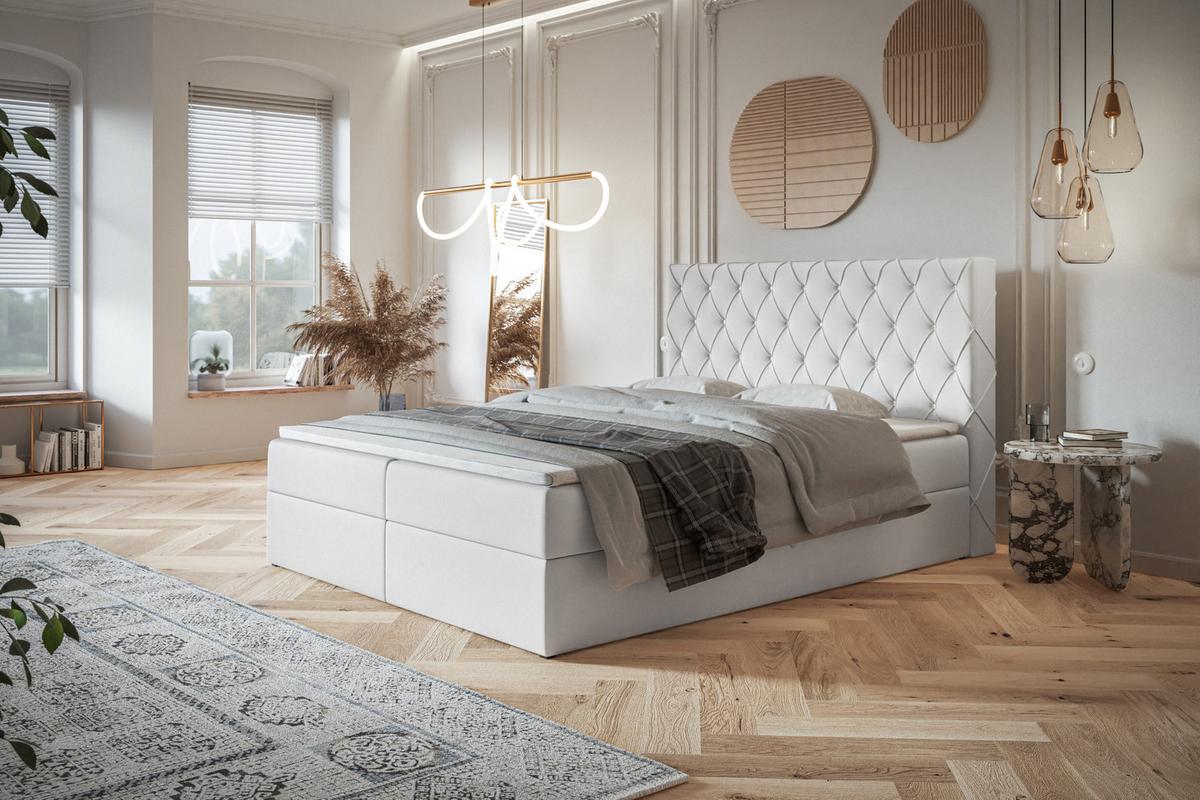 BOXBETT BOSTON mit 2 Bettkästen, 160x200, Farbe: Weiß, Kunstleder, Doppelbett mit Bonell-Matratze - Weiß, Holz/Kunststoff (160/200cm) - Alpi-Möbel