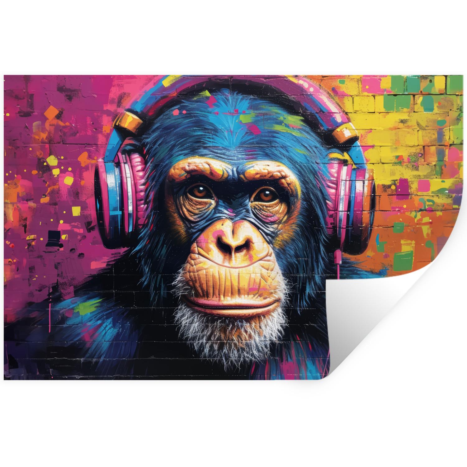 WANDTATTOO Graffiti - Schimpanse - Straßenkunst - Kopfhörer - Affe Wandsticker 120x80 cm - Blau, Kunststoff (120/80/0.1cm) - MuchoWow