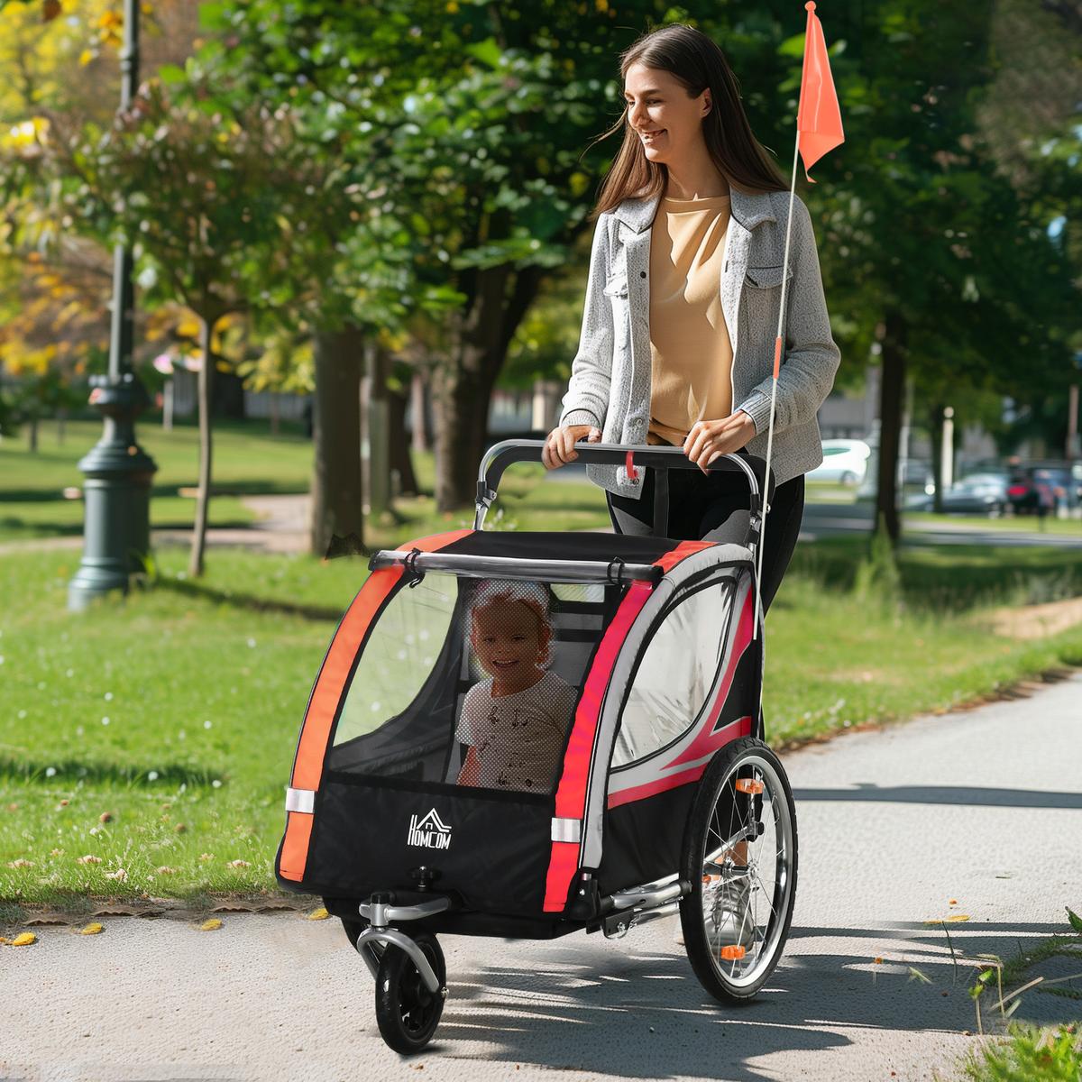 2 in 1 Kinderfahrradanhänger, Kinderanhänger, Fahrradanhänger, Rot - Rot, Metall (75/101/142cm) - HOMCOM