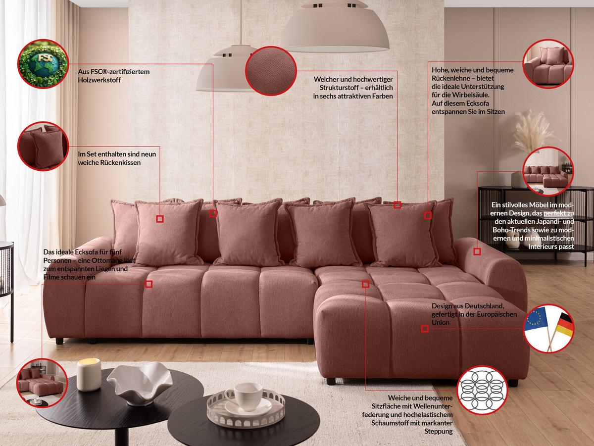 ECKSOFA Bubble mit losen Rückenkissen und Sitzfläche in Bubble-Optik aus weichem Terrakotta Strukturstoff mit schöner Sitzkomfort - Ottomane rechts - Terracotta/Schwarz, Holz/Kunststoff (306/180cm) - S-Style Möbel