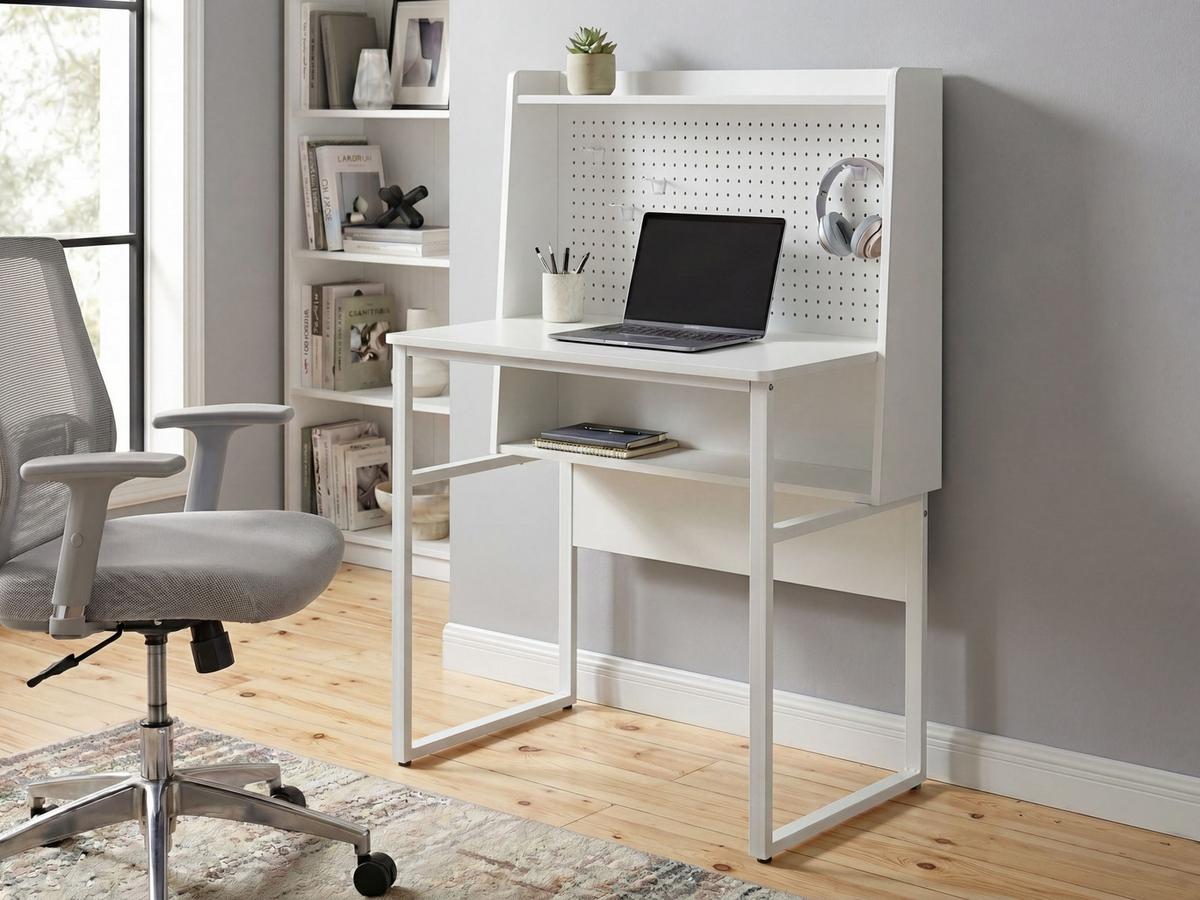 SCHREIBTISCH mit Lochplatte Weiß 84/48 cm Buxton - Weiß, Holzwerkstoff (48/84/121cm) - Beliani