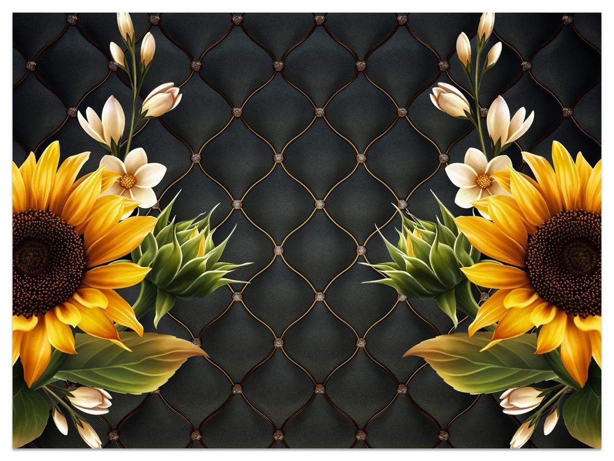 FOTOTAPETE für Küche Blume Sonnenblumen auf gestepptem Hintergrund 100x70 - Gelb/Schwarz, Papier (100/70cm) - Muralo