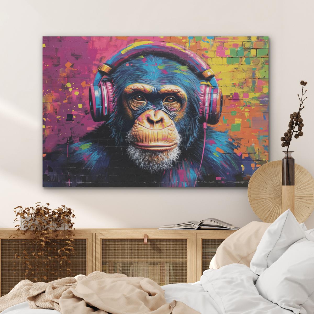 AKUSTIKBILD Graffiti - Schimpanse - Straßenkunst - Kopfhörer - Affe Wandbild Wohnzimmer 100x70 cm - Blau, Kunststoff (100/70/0.9cm) - MuchoWow