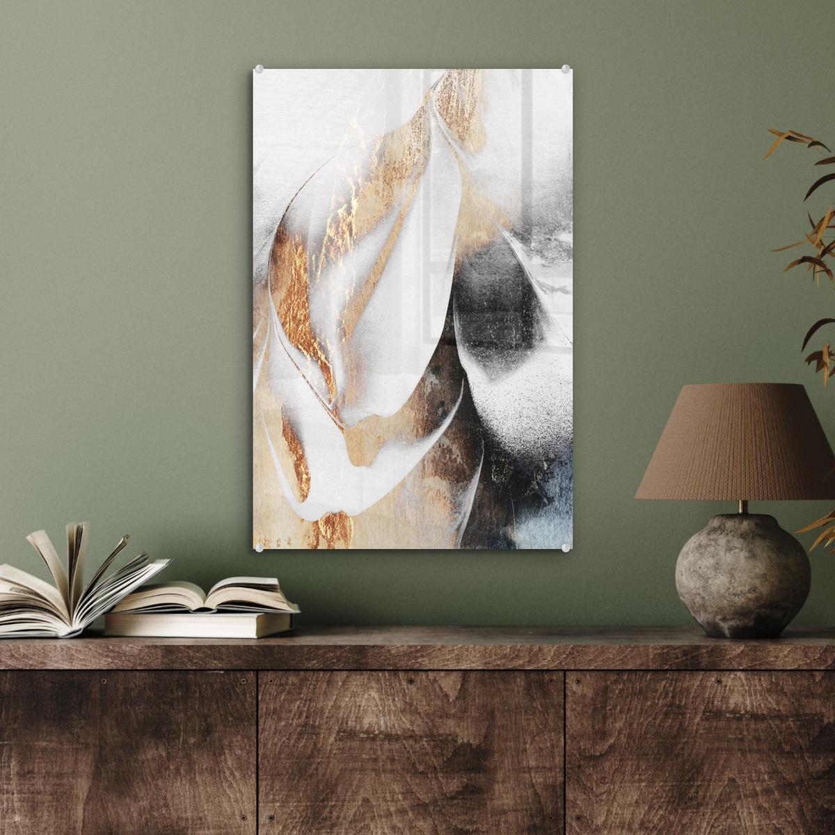 ACRYLGLASBILD Luxus - Abstrakt - Gold - Weiß Wanddeko Wohnzimmer 40x60 cm - Goldfarben, Glas (40/60cm) - MuchoWow
