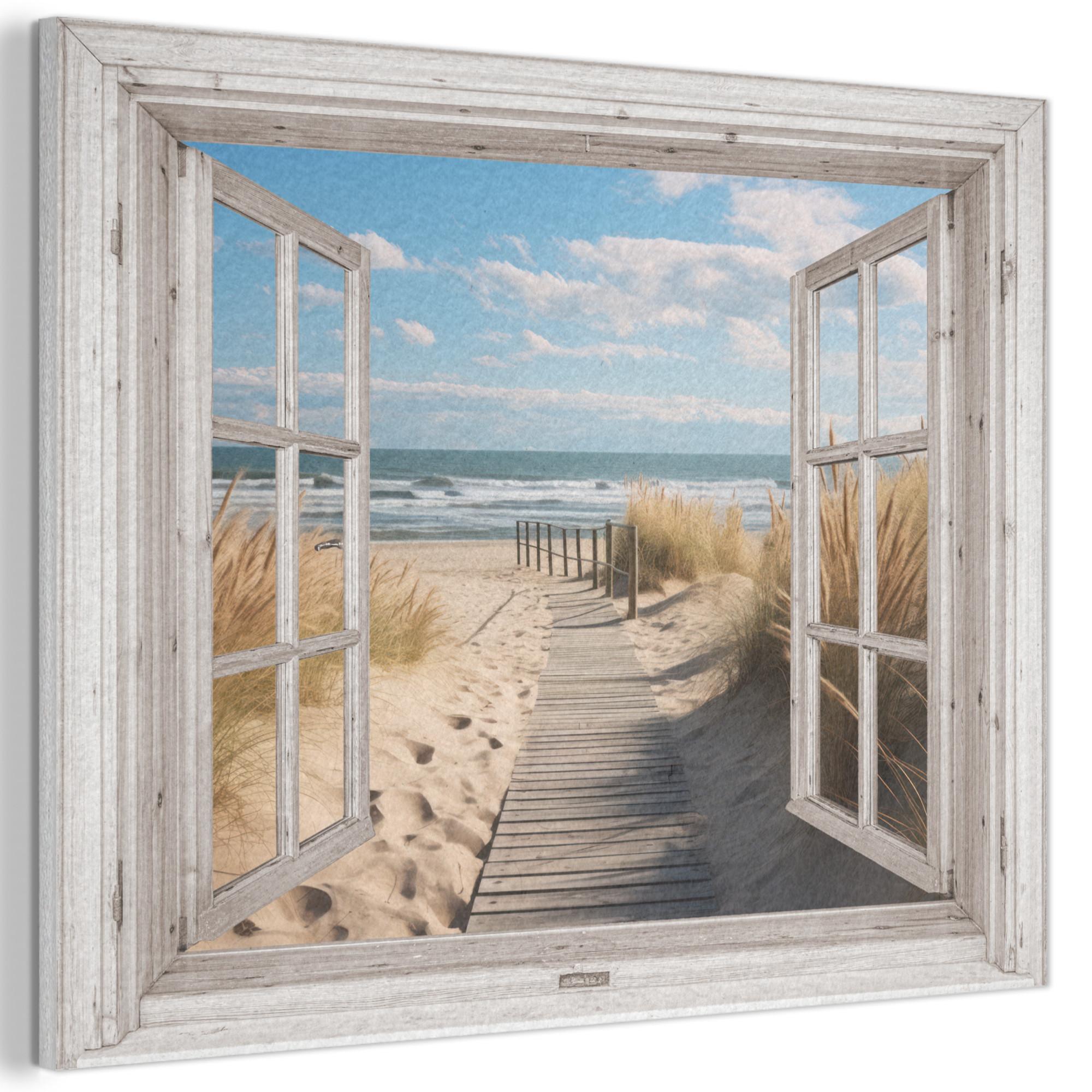 AKUSTIKBILD Fenster - Meer - Küste - Natur - Ausblick - Strand - Wattenmeer Gemälde 80x60 cm - Beige, Kunststoff (80/60/0.9cm) - MuchoWow