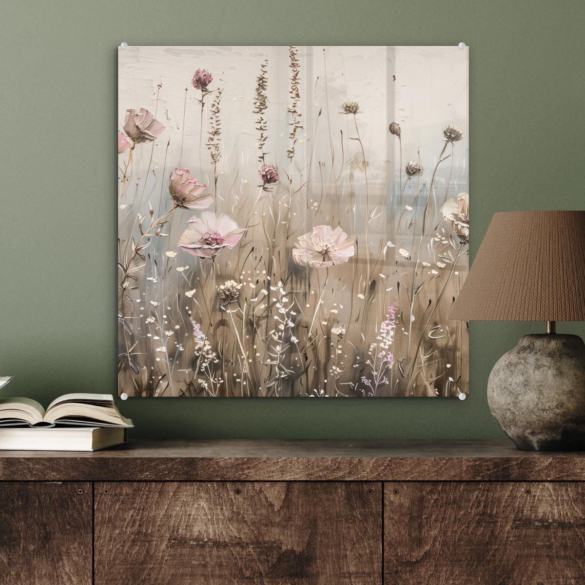 ACRYLGLASBILD Blumen - Rosa - Modern - Beige 50x50 cm - Beige, Glas (50/50cm) - MuchoWow