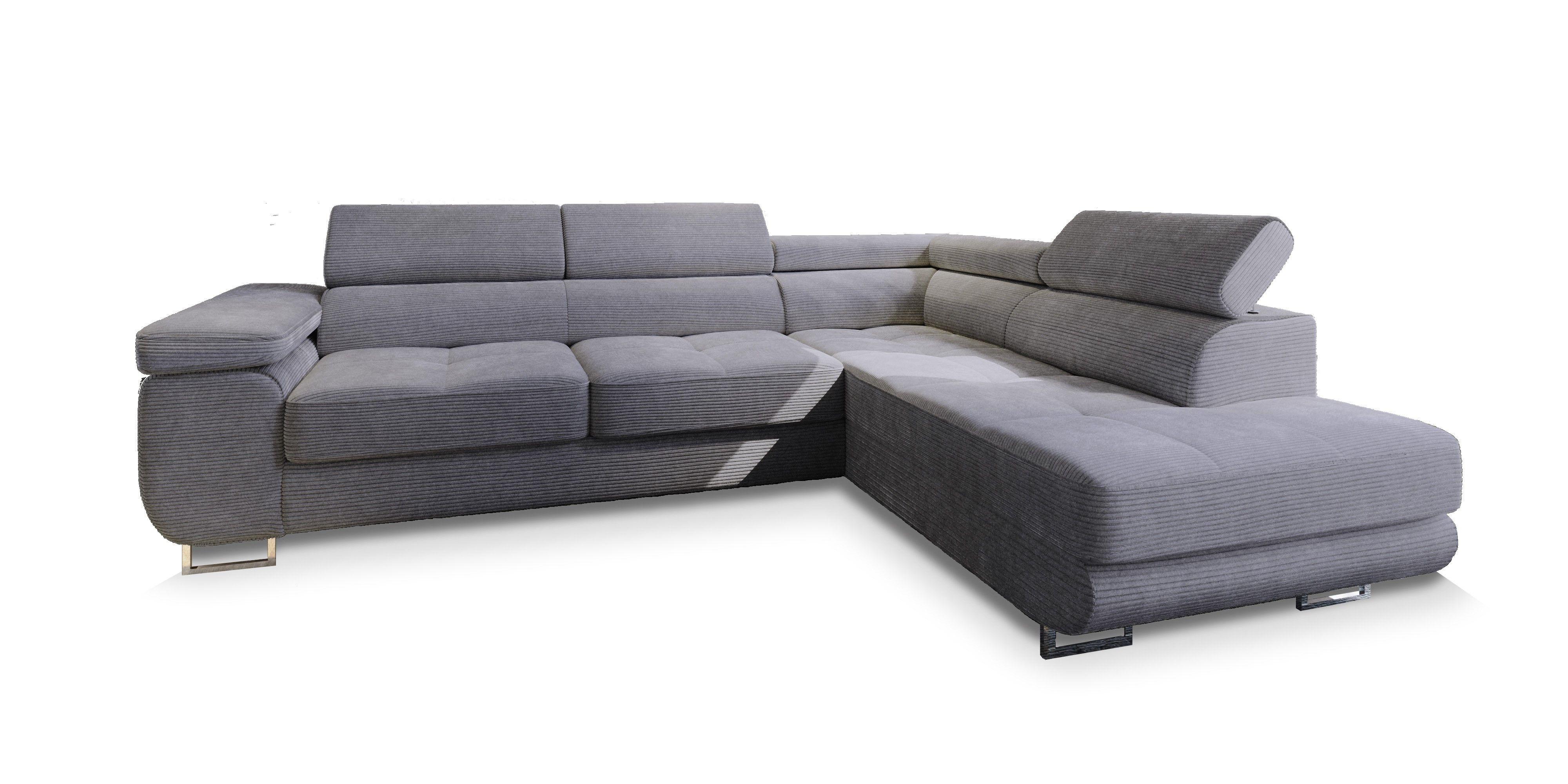 ECKSOFA APIRO R-S Grau Kordstoff mit Schlaffunktion - Silberfarben/Grau, Holz/Textil (276/202cm) - MASSENO