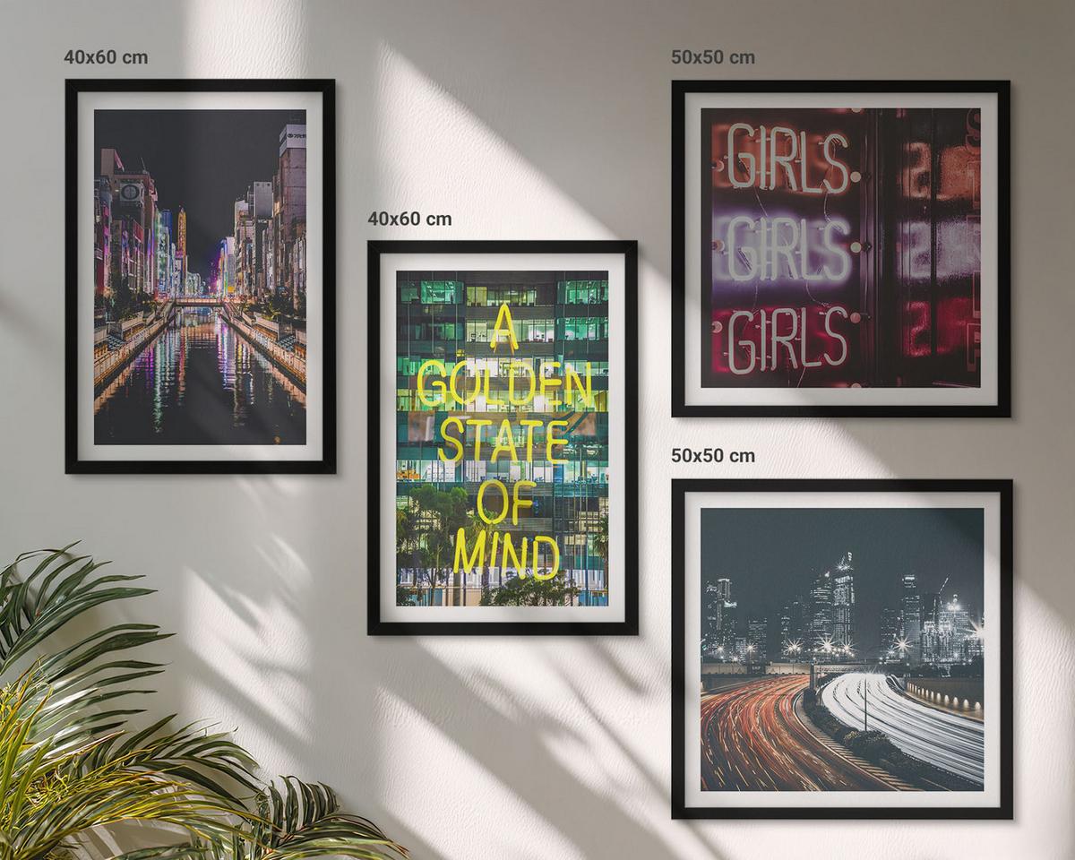 BILDER SET 4er Set - 50x50 cm & 40x60 cm Schwarzer Rahmen - Neonreklamen in der Stadt bei Nacht - Schwarz, Kunststoff (50/50cm) - TULUP
