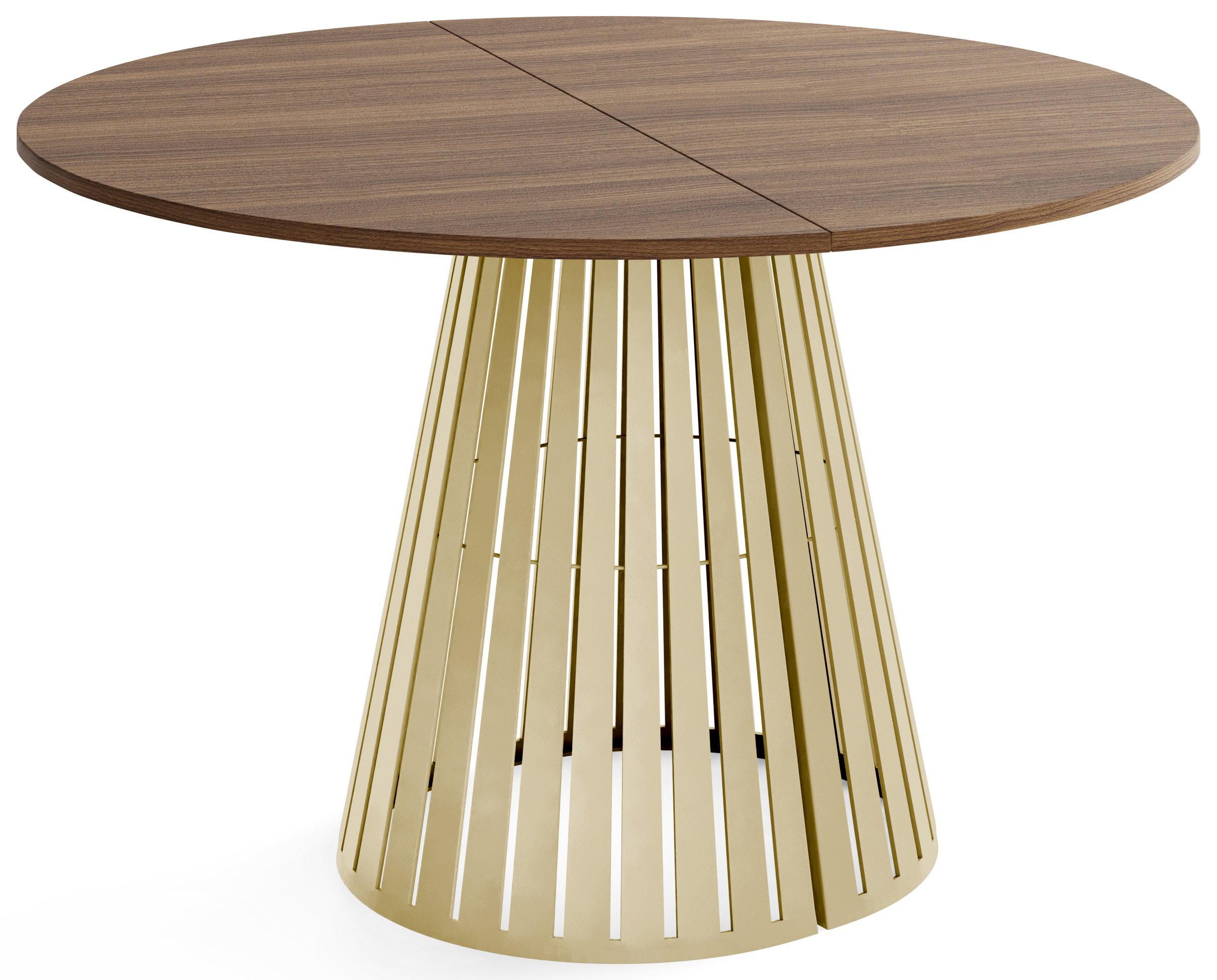 ESSTISCH Naro rund ausziehbar mit Goldenem Lamellen-Metallgestell, Walnuss Braun 120-200/120/76 cm - Goldfarben/Walnussfarben, Holzwerkstoff/Metall (120/196/76cm) - WFL GROUP