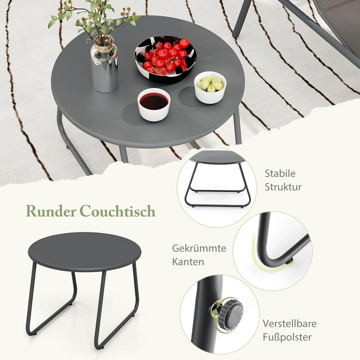 GARTENMÖBEL Set Grau(3-teilig) - Grau, Metall - COSTWAY