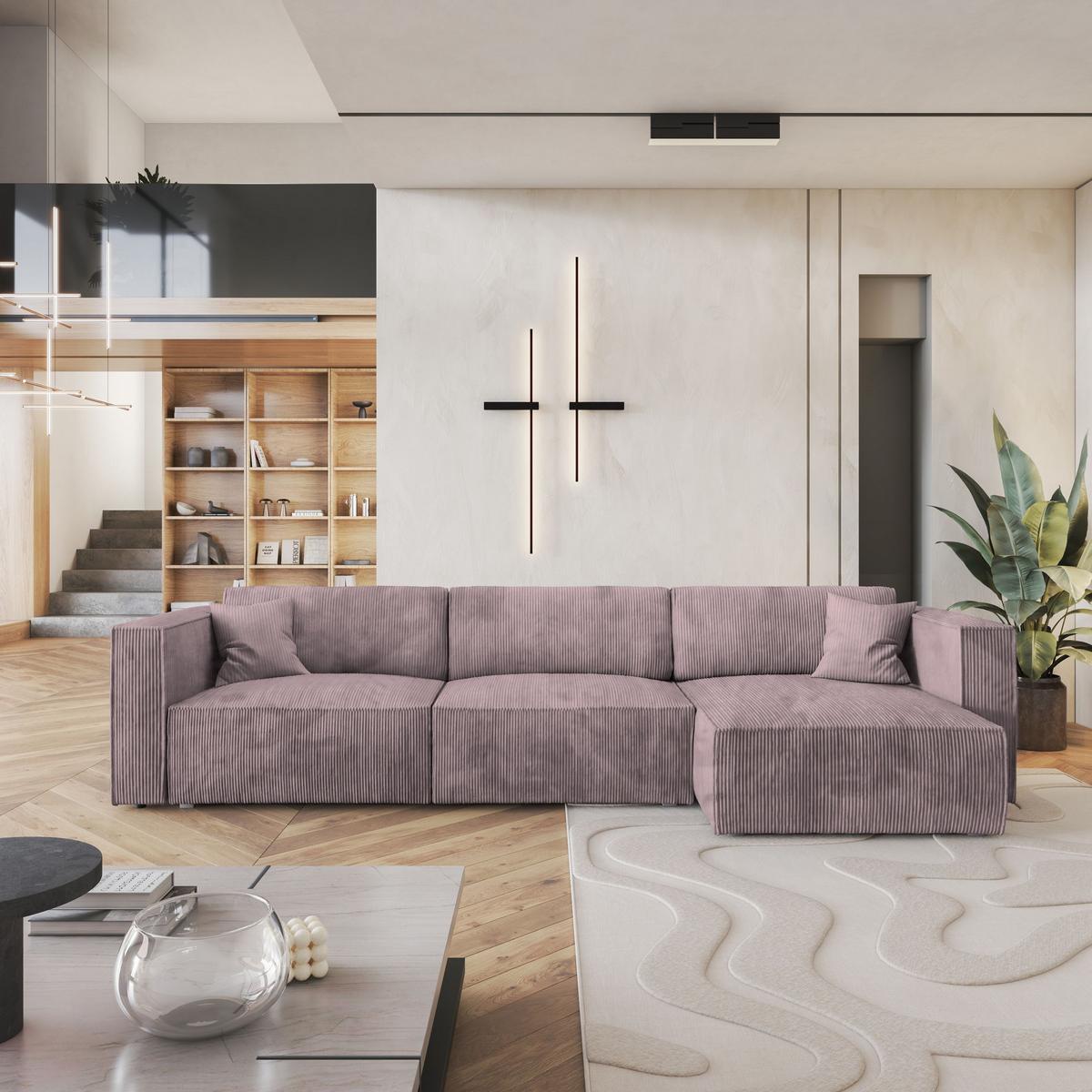 ECKSOFA TOLMO P Lila Kordstoff mit Schlaffunktion - Lila/Grau, Holz/Kunststoff (347/148cm) - MASSENO