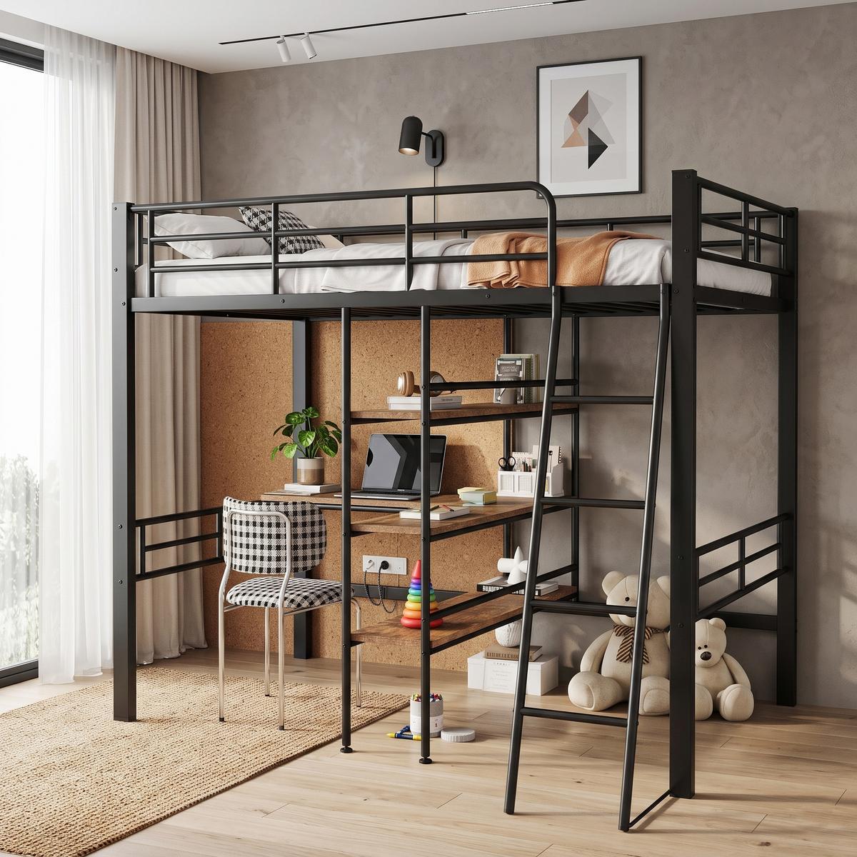 HOCHBETT metall schwarz 90x200cm mit schreibtisch regal - Schwarz, Metall (90/200cm) - Urban Meuble