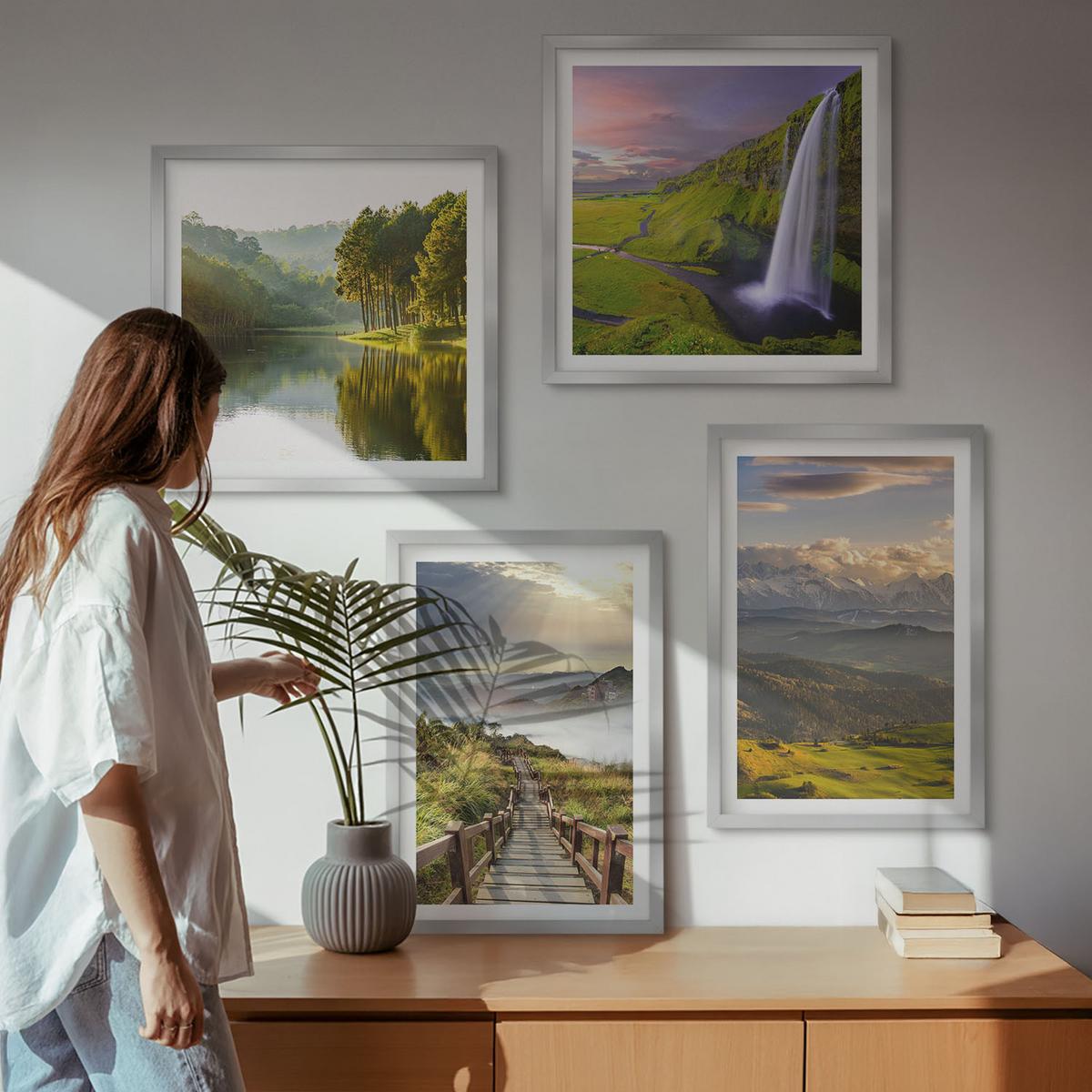 BILDER SET 4er Set - 50x50 cm & 40x60 cm Silberner Rahmen - Berglandschaften Wasserfall - Silberfarben, Kunststoff (50/50cm) - TULUP