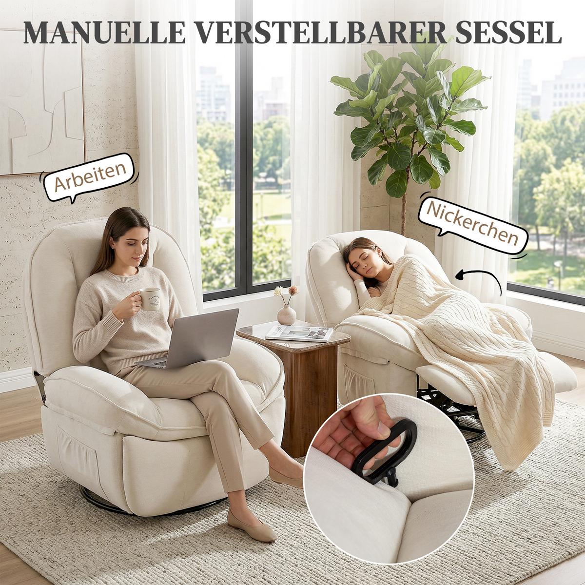 RELAXSESSEL Polyester Schaumstoff Cremeweiß - Creme/Schwarz, Holzwerkstoff/Textil (91/104/93cm) - HOMCOM