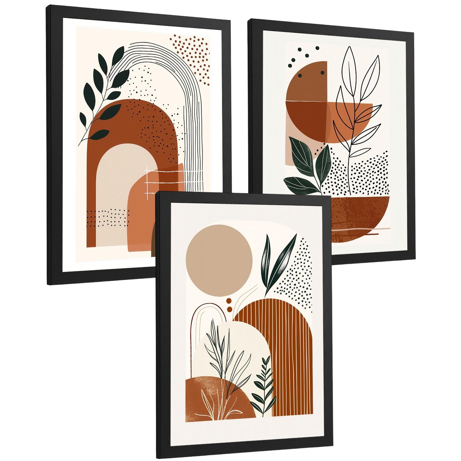 POSTER 3er Kunstdruck-Set Wandbilder Abstrakt Floral modern Wohnzimmer Deko, Schlafzimmer, Küche, Badezimmer Rahmenlos A4 - Schwarz, Papier (29.7/1/21cm) - Nacnic