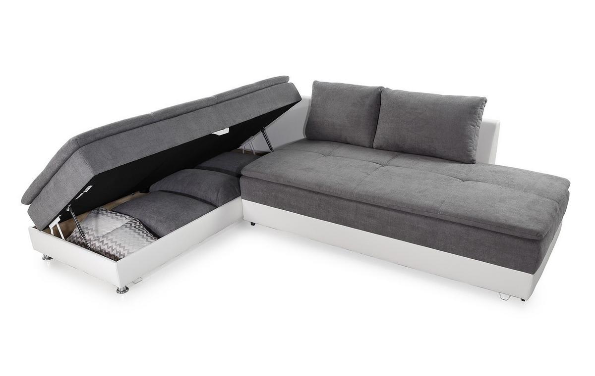 ECKSOFA-DAUERSCHLÄFER Doppelbett Boxspring Federkern Topper, Schwenkteil rechts B306/T223/H95 cm , Kunstleder Weiß+Mikrofaser Hellgrau / 15104 - Chromfarben/Hellgrau, Kunststoff/Textil (306/223cm) - luma-home