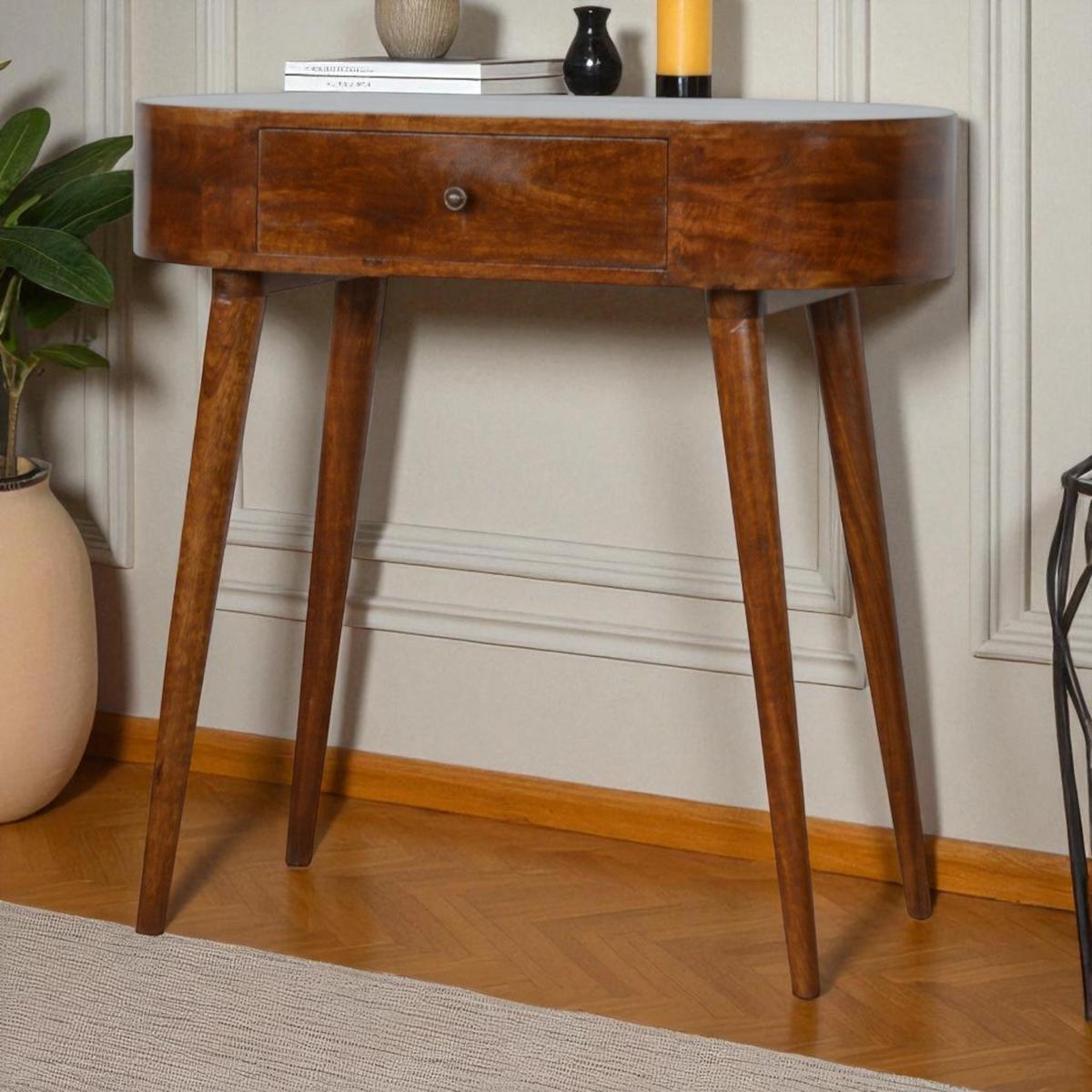 KONSOLENTISCH im Kastanienholz-Finish aus MassivholZ, 1 Schublade, Nordische Beine - Messingfarben/Braun, Holz/Metall (40/80/78cm) - Artisan Furniture