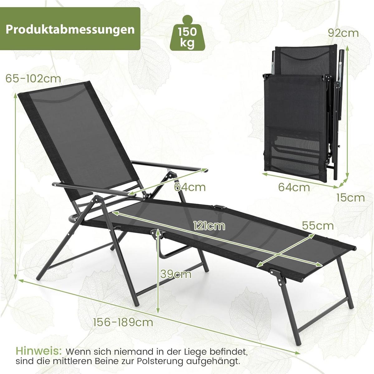 SONNENLIEGE Schwarz(2er-Set) - Schwarz, Metall (189/65/64cm) - COSTWAY