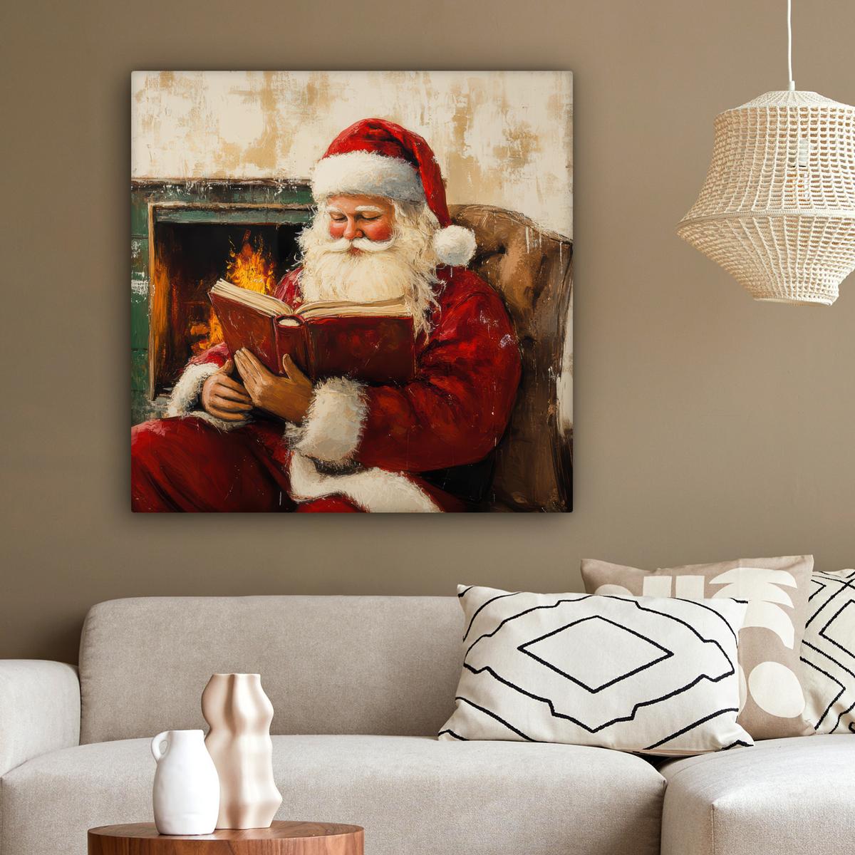 LEINWANDBILD Weihnachten - Weihnachtsmann - Winter - Open Fireside Deko Groß 90x90 cm - Dunkelrot, Textil (90/90cm) - MuchoWow