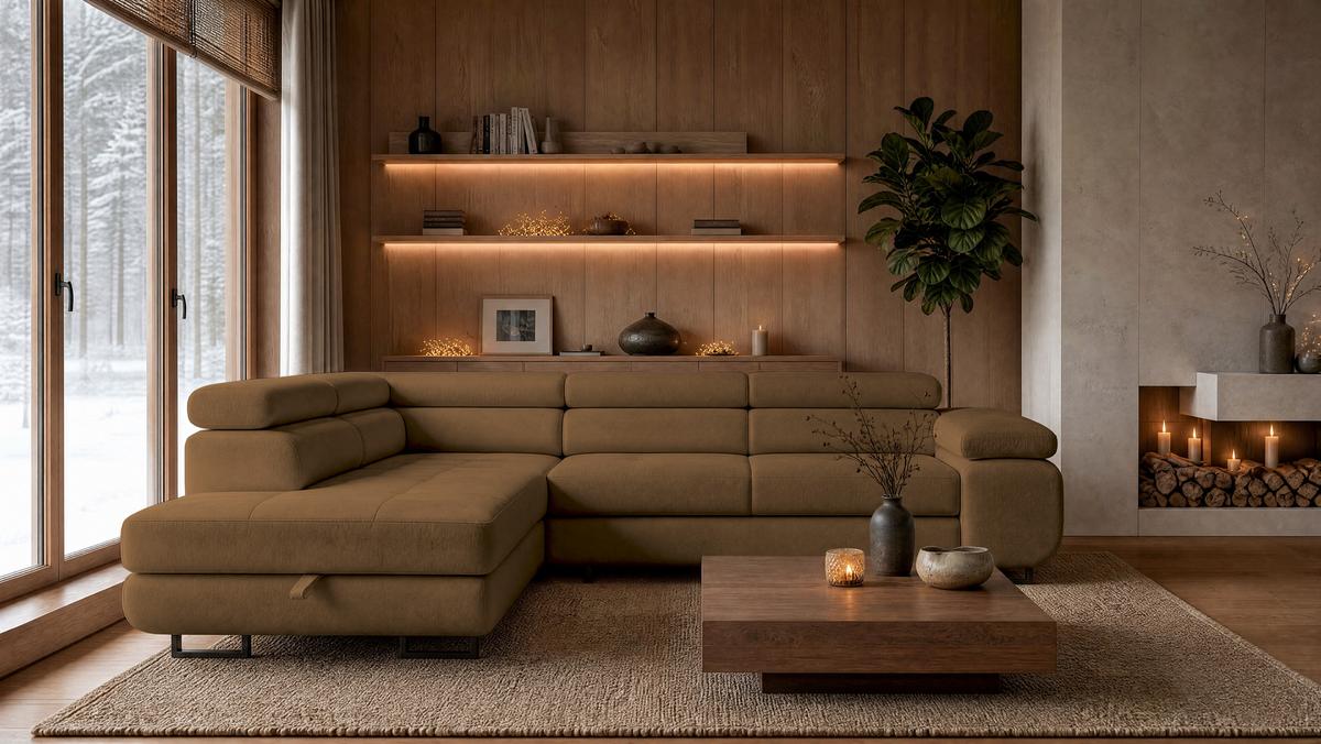 ECKSOFA Velmo mit Bettkasten und Schlaffunktion, verstellbaren Kopfstützen, in L-Form - Braun, Textil (275/203cm)