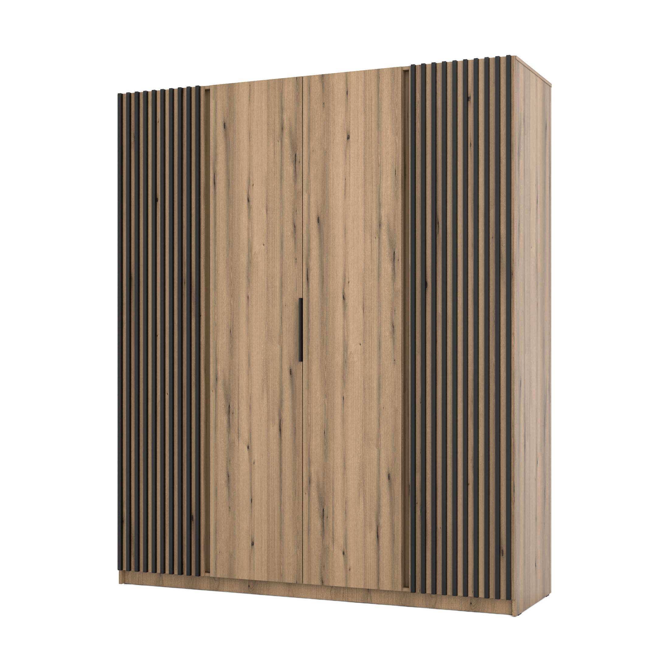 KLEIDERSCHRANK Nehir Korpus Eiche Evoke, Front Eiche Evoke/Schwarz 200 cm - 4T Modern mit 2 Lamellentüren außen - Eichefarben, Holzwerkstoff/Kunststoff (200/239/61.9cm) - AX Living