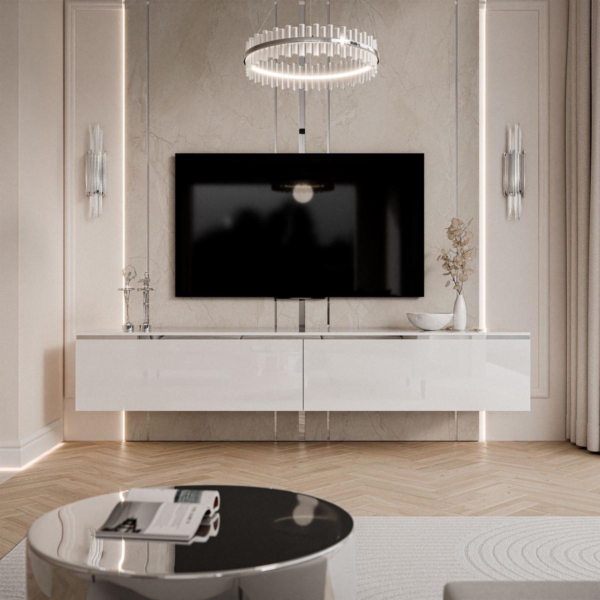 TV-SCHRANK AURORA SILVER 180 cm mit LED-Beleuchtung – hängend - Weiß Hochglanz, Holzwerkstoff (180/32/40cm) - Lookway