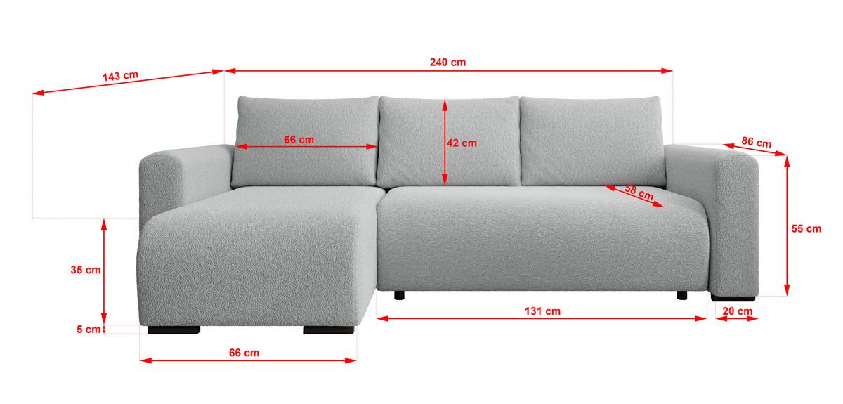 ECKSOFA DORA L, Eckcouch in L-Form mit Schlaffunktion und Bettkasten, Farbe: Grau, Bouclé-Stoff, Ottomane Links - Grau, Textil (240/143cm) - Storez24