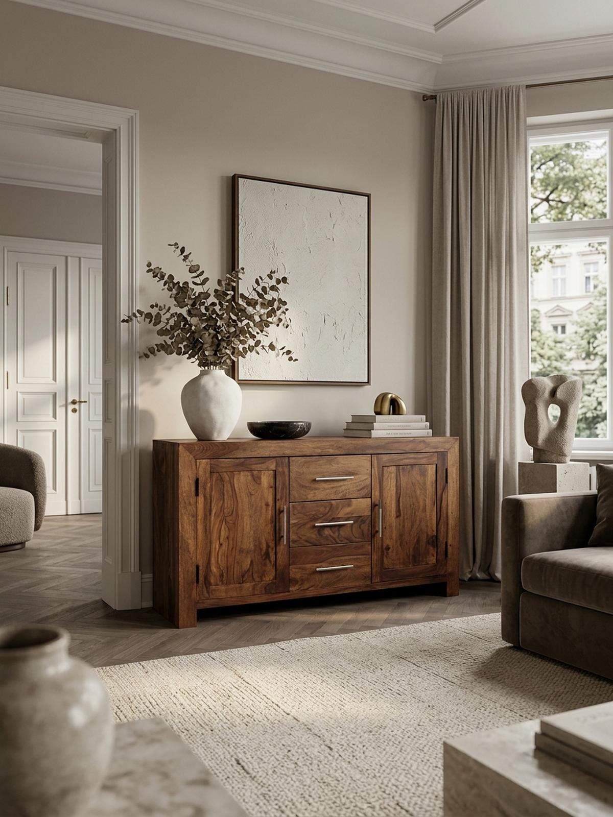 SIDEBOARD – Massivholz, 3 Schubladen, 2 Türen, Landhausstil - Braun, Holz (118/70/40cm) - KADIMA DESIGN