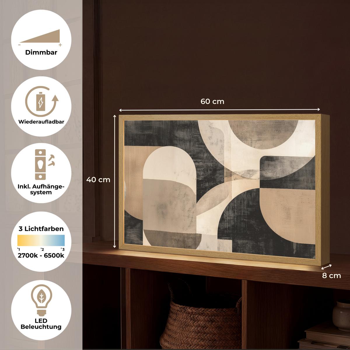 WANDLEUCHTE MIT AKKU Abstrakt - Formen - Modern - Beige 60x40 cm - Grau, Holzwerkstoff (60/40/8cm) - OnlyWow