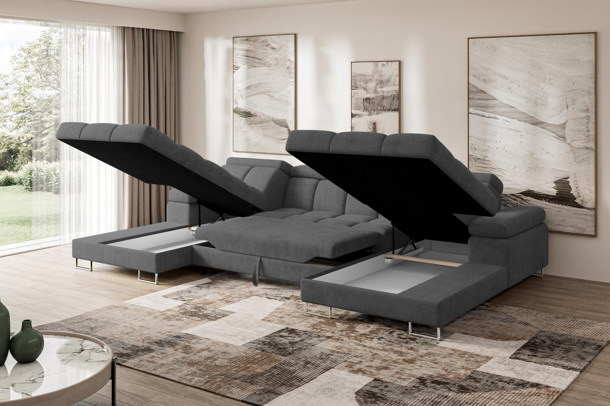 WOHNLANDSCHAFT mit Schlaffunktion und Bettkasten COMA U2 345x203x79 Dunkelgrau Velours - Dunkelgrau, Holzwerkstoff/Textil (345/79/203cm) - ALTDECOR