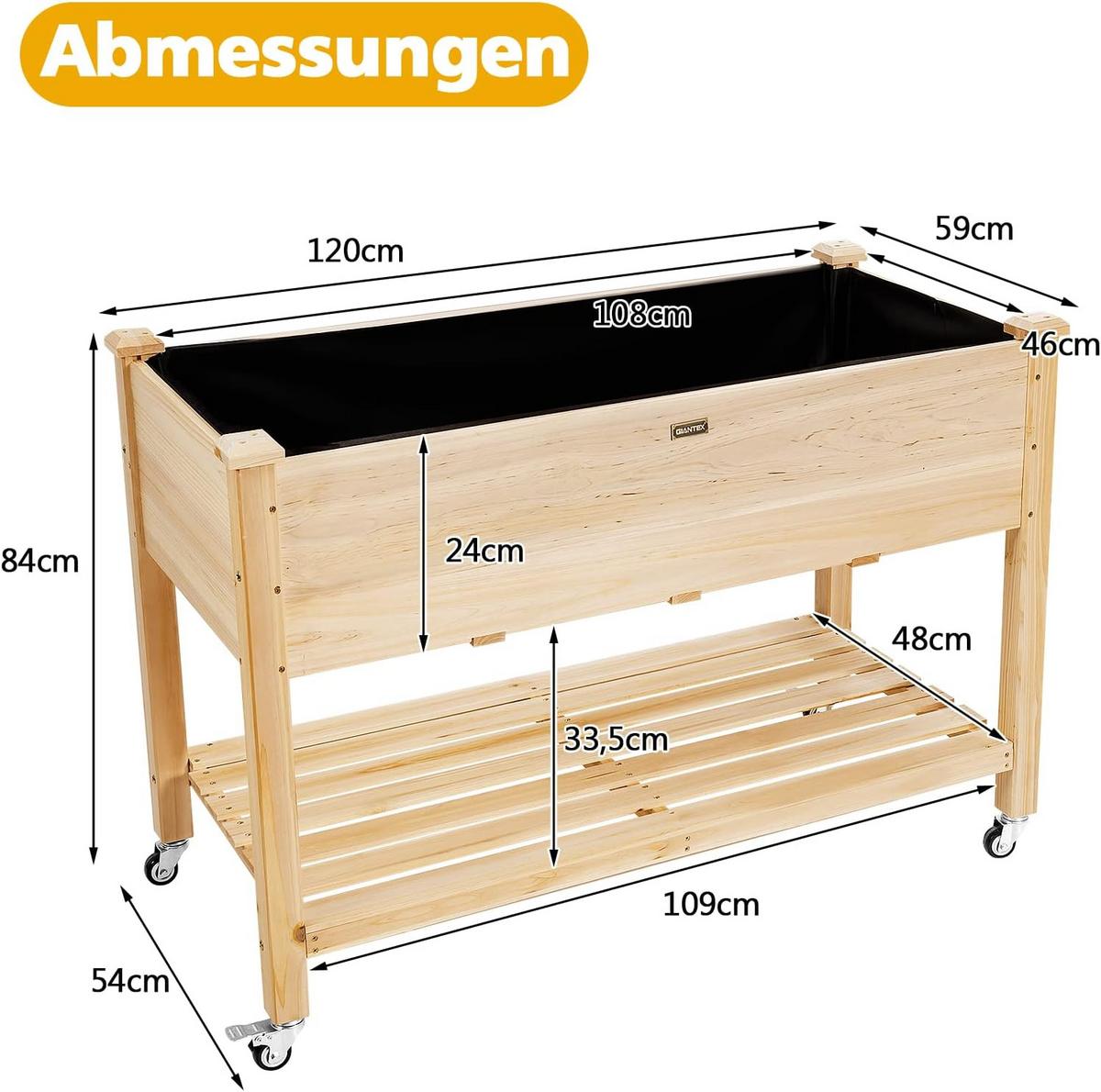 HOCHBEET groß mit Ablage Holz - Apfelbaumfarben, Holz (120/84/59cm) - COSTWAY