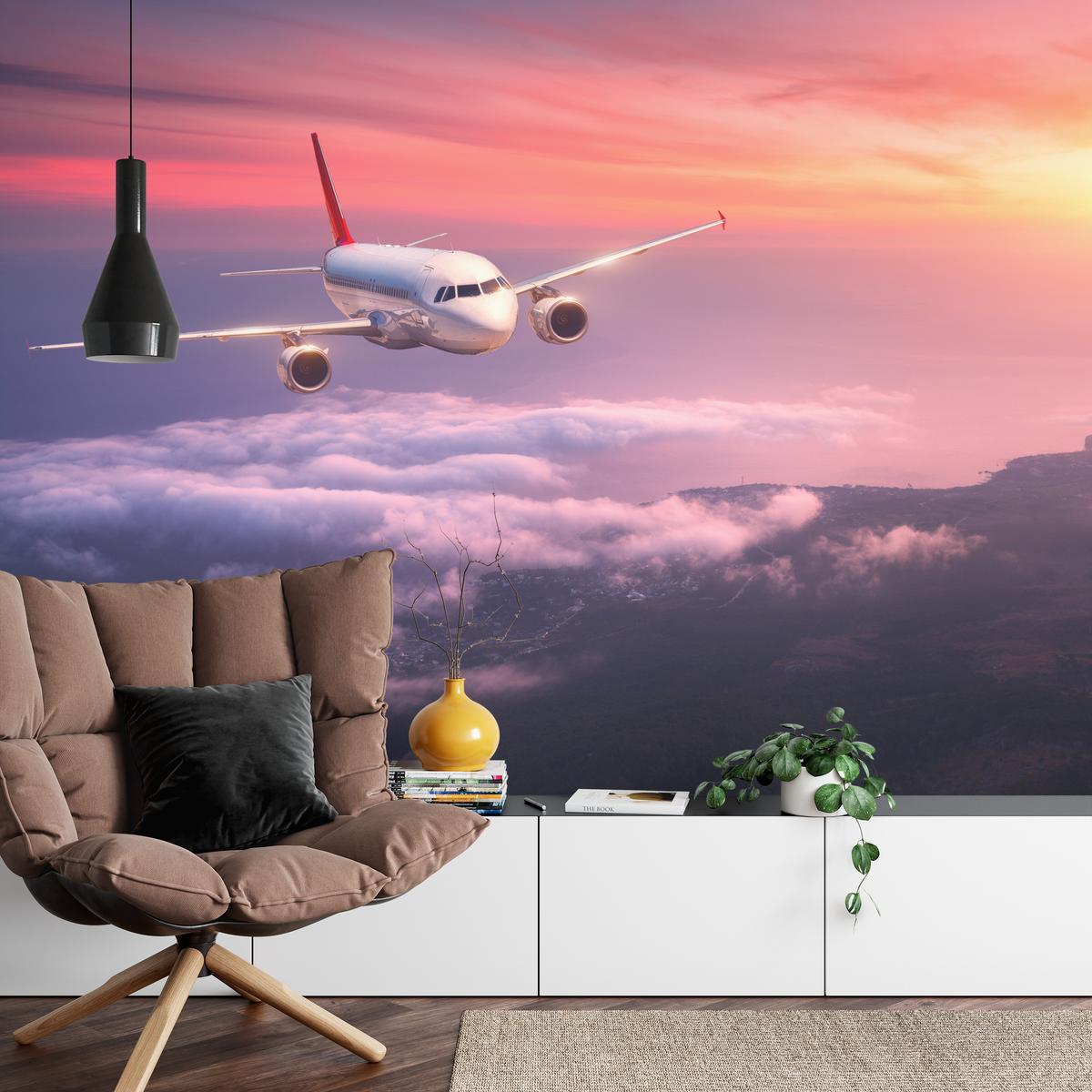 FOTOTAPETE für Wohnzimmer Flugzeug Sonnenuntergang Wolken Himmel 150x105 - Gelb/Rot, Papier (150/105cm) - Muralo