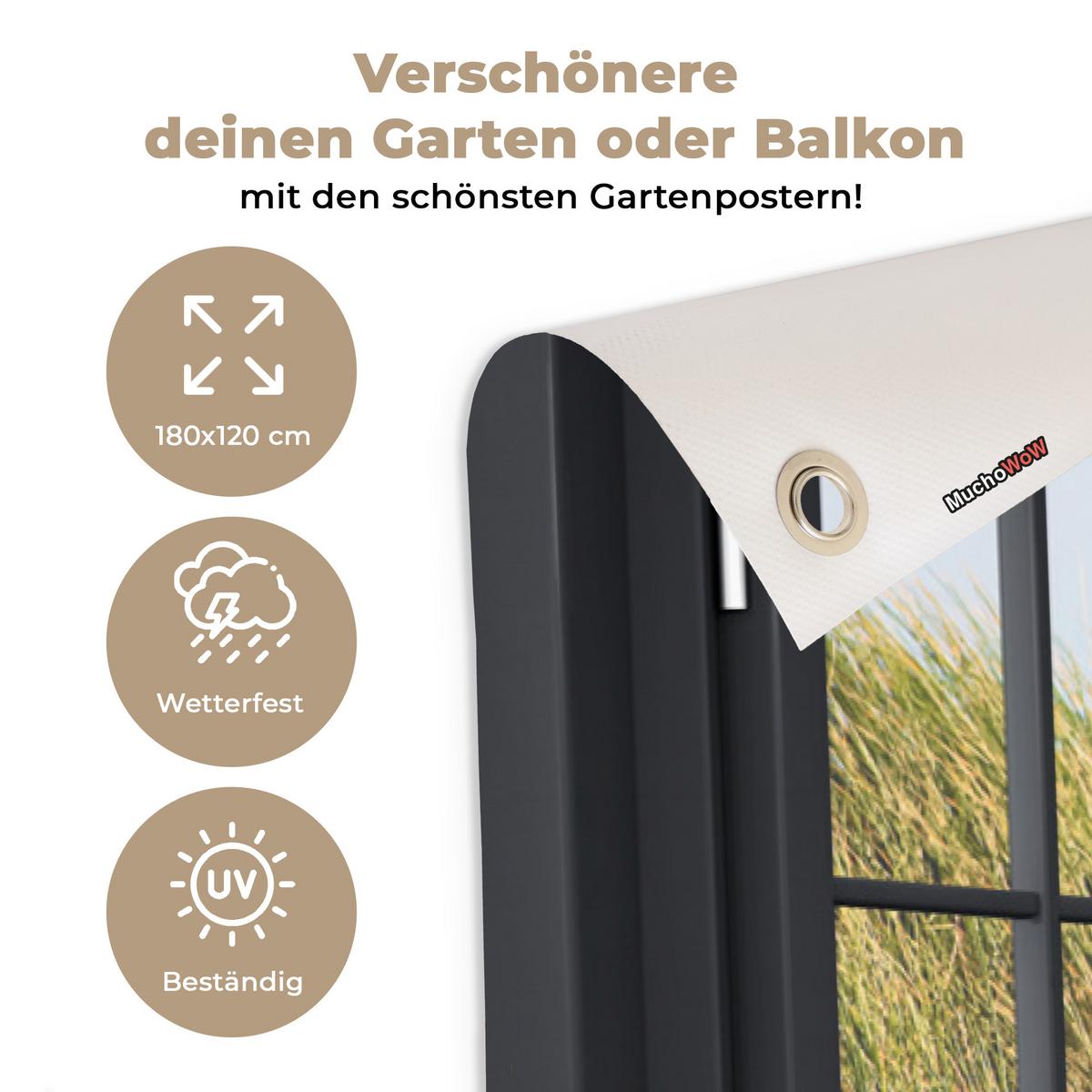 GARTENPOSTER Durchblick - Strand - Meer - Sand - Wasser - Strandhafer - Dünen Poster für draußen 180x120 cm - Sandfarben, Kunststoff (180/120/0.2cm) - OnlyWow