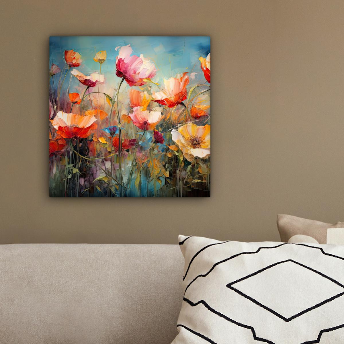 LEINWANDBILD Blumen - Aquarell - Kunst - Botanisch - Natur Deko Wohnzimmer 20x20 cm - Orange, Textil (20/20cm) - MuchoWow