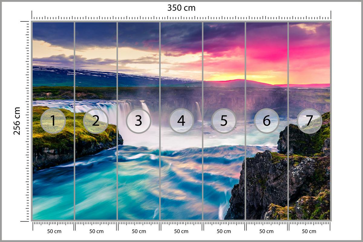 FOTOTAPETE für Esszimmer Godafoss Wasserfall Sonnenuntergang Natur 350x256 - Multicolor, Papier (350/256cm) - Muralo