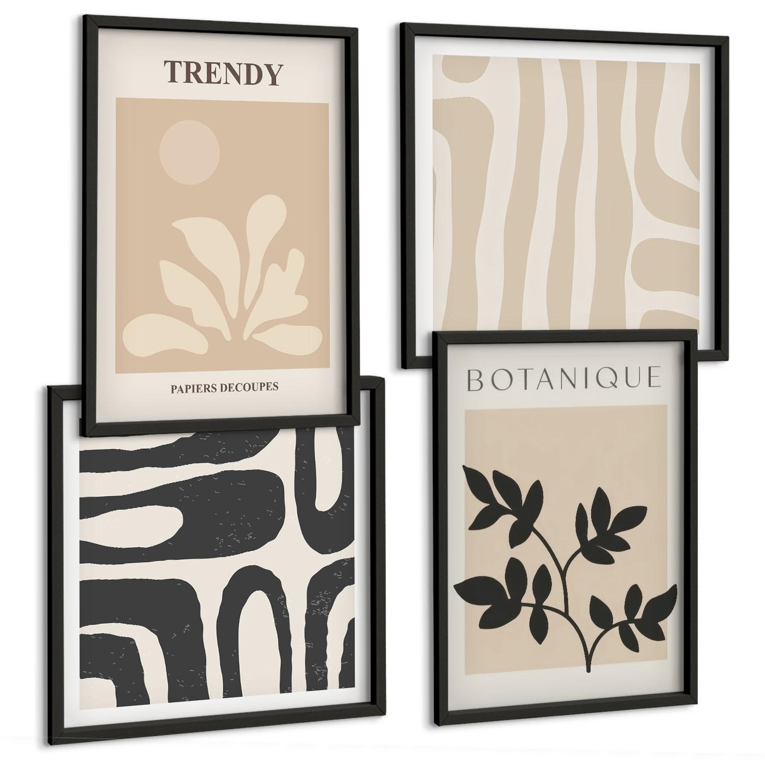 BILDER SET 4er Set - 50x50 cm & 40x60 cm Schwarzer Rahmen - Stilvolle Pflanzenmuster in Beige und Schwarz - Schwarz, Kunststoff (50/50cm) - TULUP