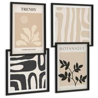 BILDER SET 4er Set - 50x50 cm & 40x60 cm Schwarzer Rahmen - Stilvolle Pflanzenmuster in Beige und Schwarz - Schwarz, Kunststoff (50/50cm) - TULUP