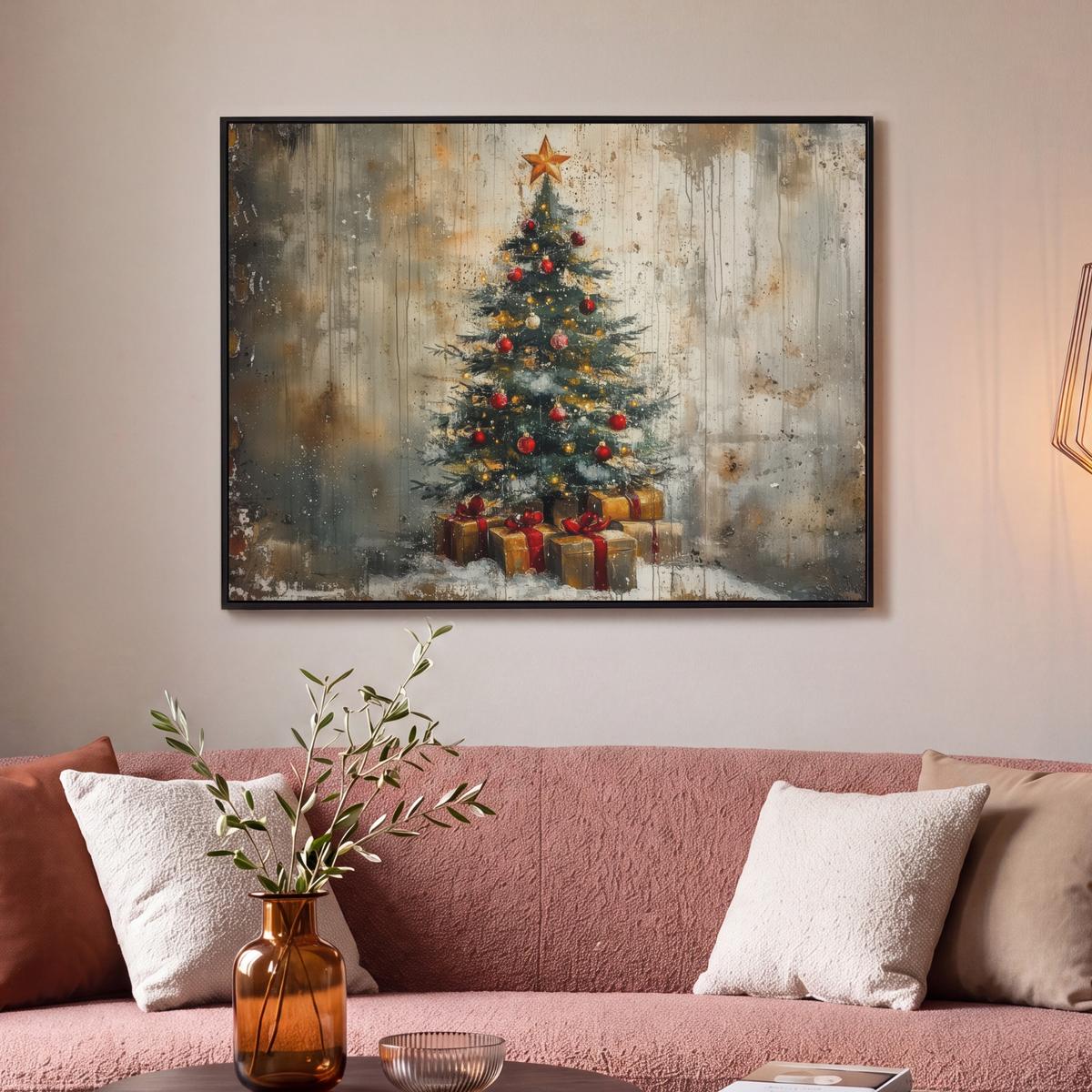 LEINWAND Bilder mit Rahmen - Weihnachtsbaum - Vintage - Weihnachten - Geschenk - 100x70 - Rostfarben, Textil (100/70cm) - MuchoWow