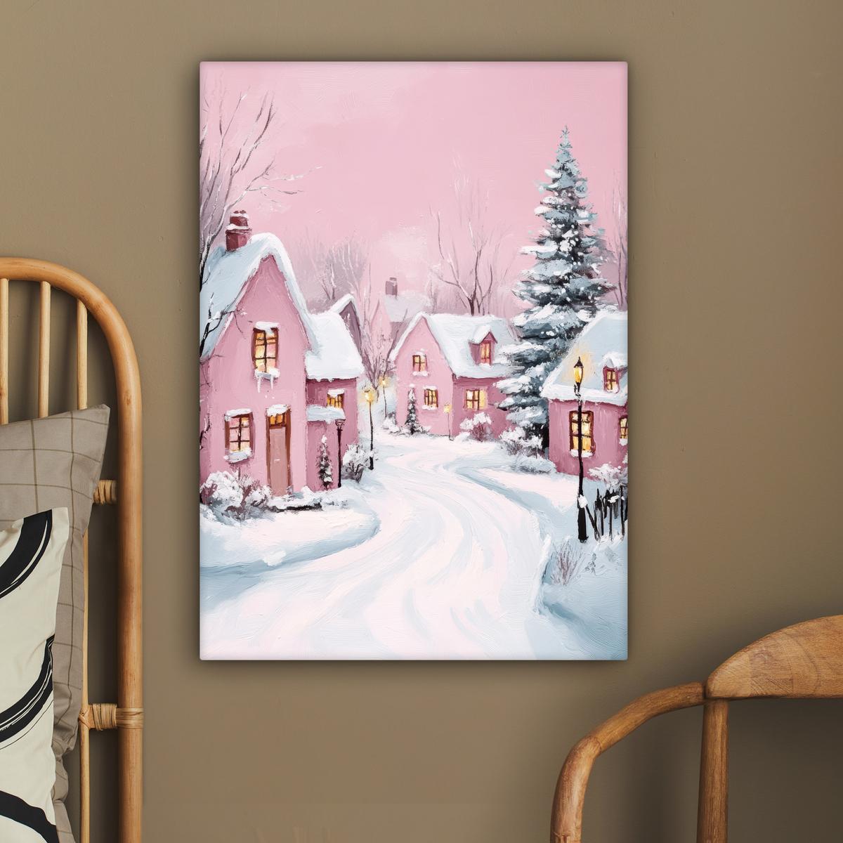 LEINWANDBILD Weihnachtsdorf - Rosa - Winter - Schnee - Häuser Wandbild Wohnzimmer 60x80 cm - Altrosa, Textil (60/80cm) - MuchoWow