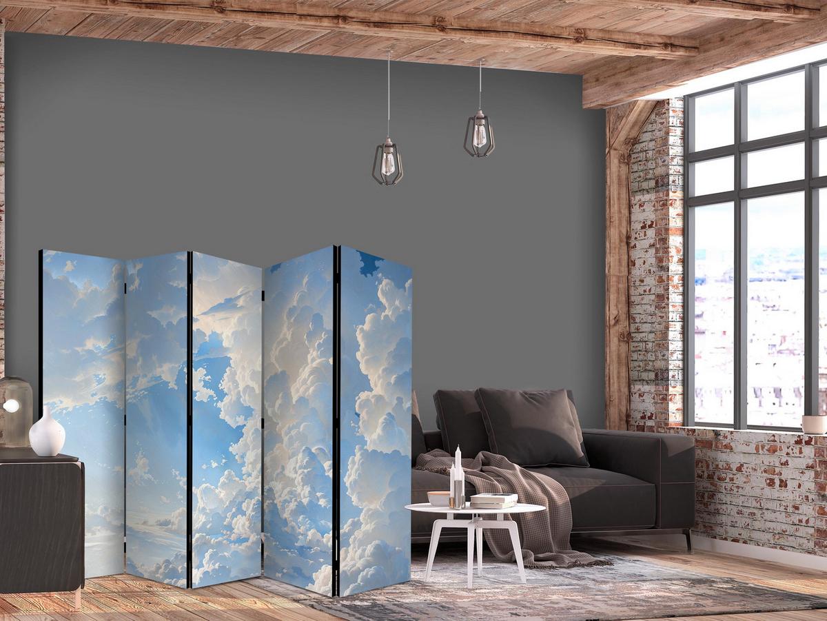 PARAVENT Akustik 5-tlg 225x172 cm Himmel Voller - Blau, Holz/Textil (225/172/3cm) - Muralo