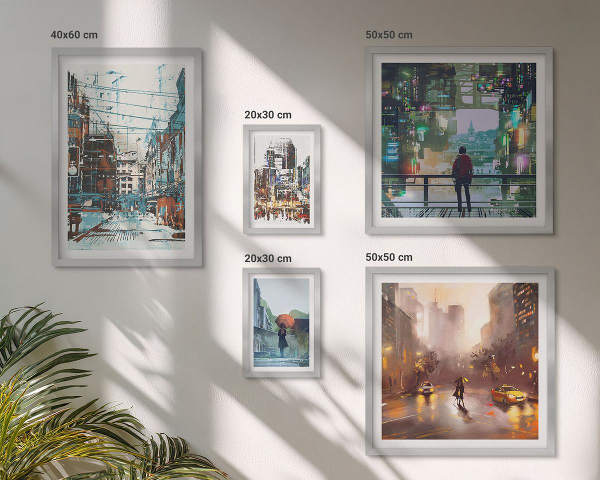 BILDER SET 5er Set - 50x50 cm & 20x30 cm & 40x60 cm Silberner Rahmen - Moderne, farbenfrohe Städte mit Charakteren - Silberfarben, Kunststoff (40/60cm) - TULUP