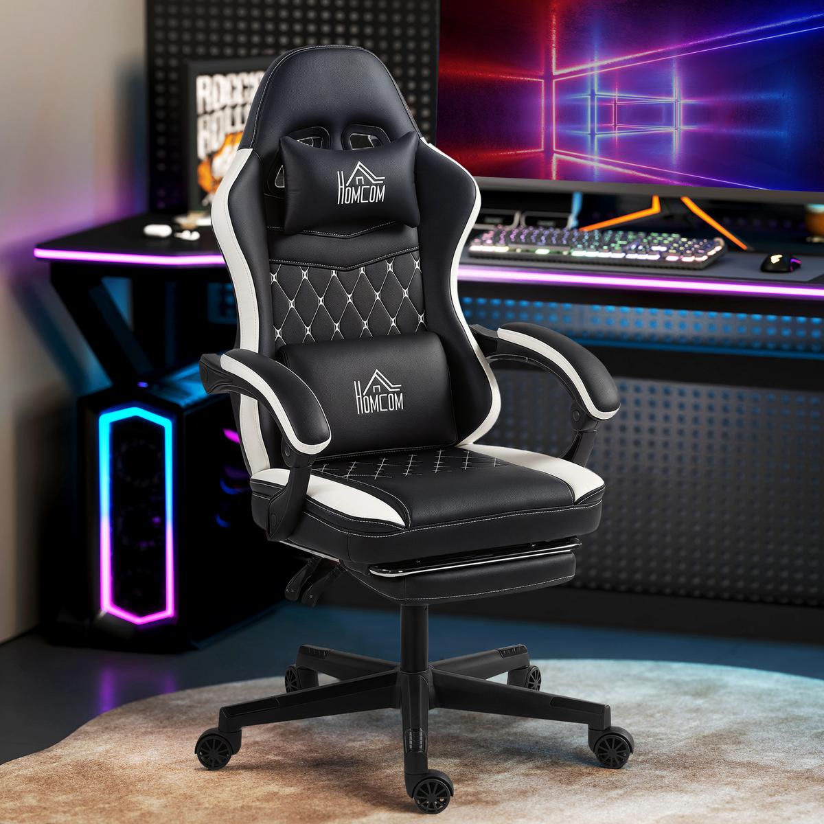 GAMING-STUHL Ergonomisch mit Lendenwirbelstütze, Fußstütze Grün - Schwarz, Kunststoff (64/128/65cm) - HOMCOM