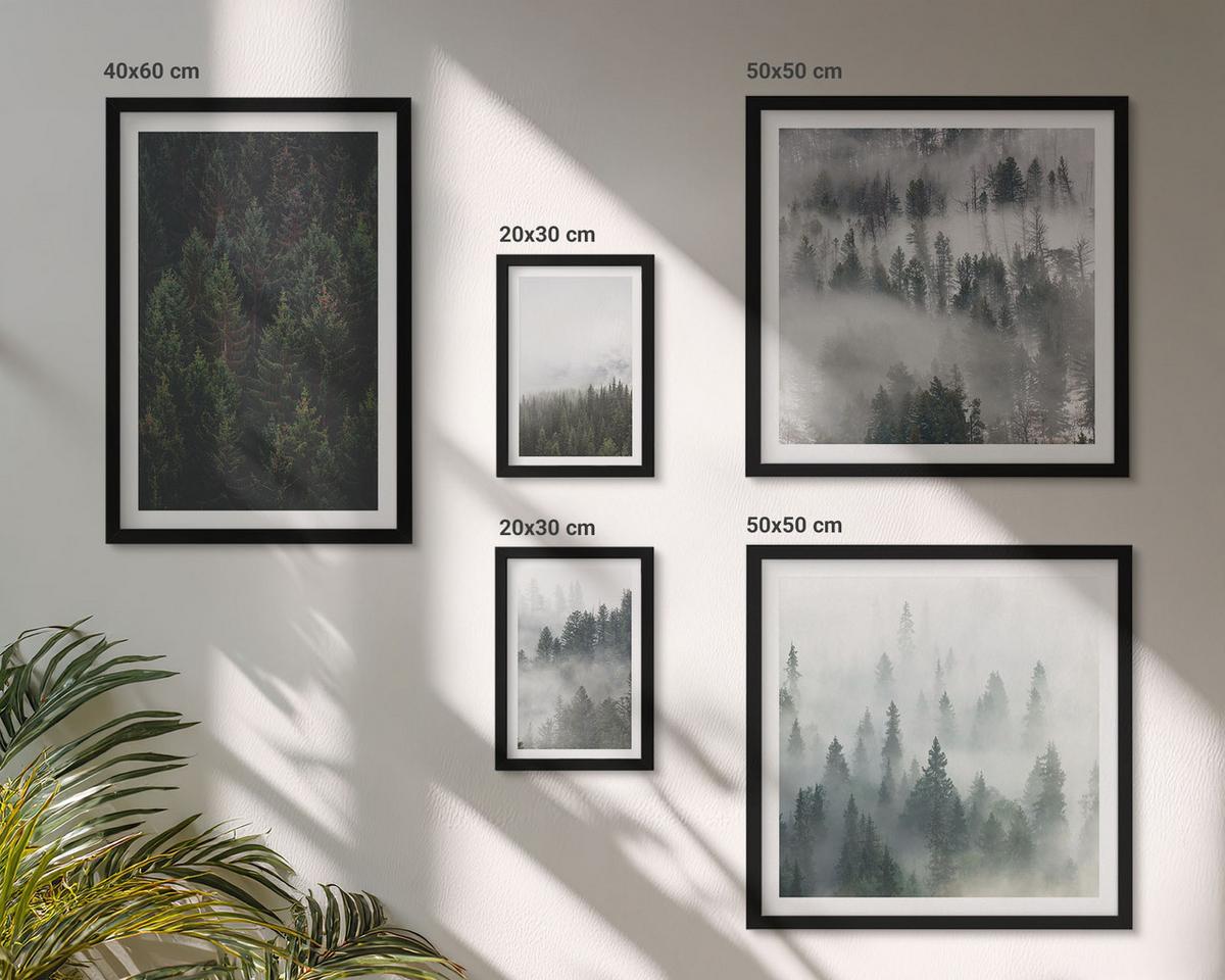 BILDER SET 5er Set - 50x50 cm & 20x30 cm & 40x60 cm Schwarzer Rahmen - Grüne Wälder, neblige Landschaft - Schwarz, Kunststoff (40/60cm) - TULUP