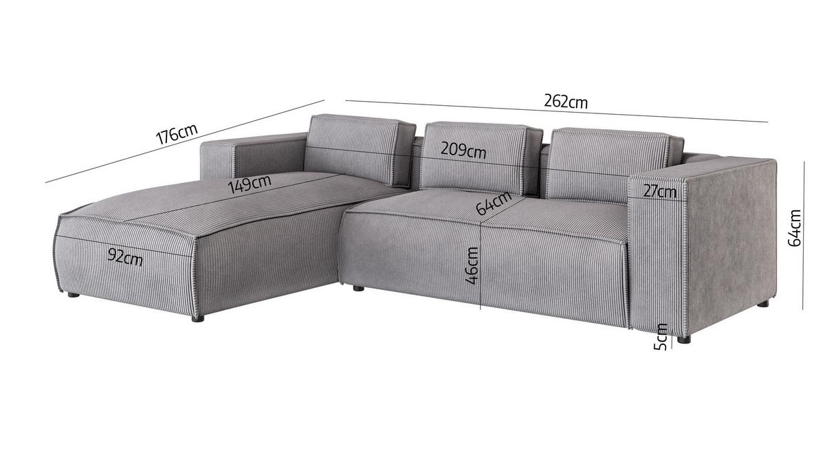 ECKSOFA Nova Hellgrau Cord - Hellgrau/Schwarz, Holz/Kunststoff (262/176cm) - S-Style Möbel