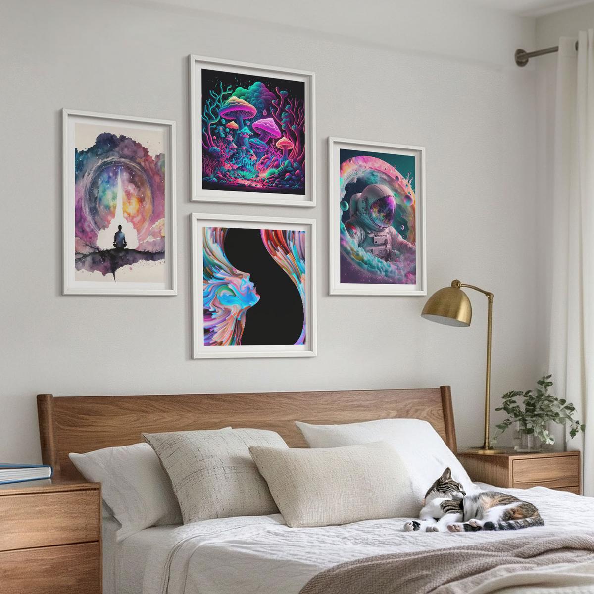 BILDER SET 4er Set - 50x50 cm & 40x60 cm Weißer Rahmen - Farbenfrohe Fantasy-Kunstillustrationen - Weiß, Kunststoff (50/50cm) - TULUP