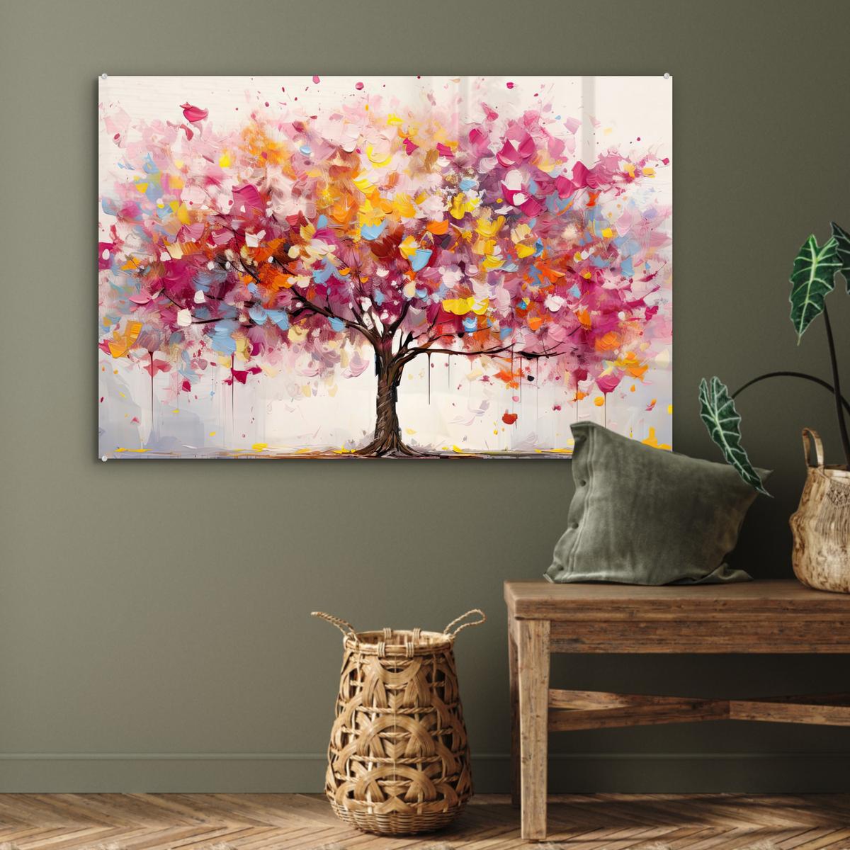 ACRYLGLASBILD Aquarell - Baum - Kunst - Abstrakt Wandbild Schlafzimmer 120x80 cm - Multicolor, Glas (120/80cm) - MuchoWow