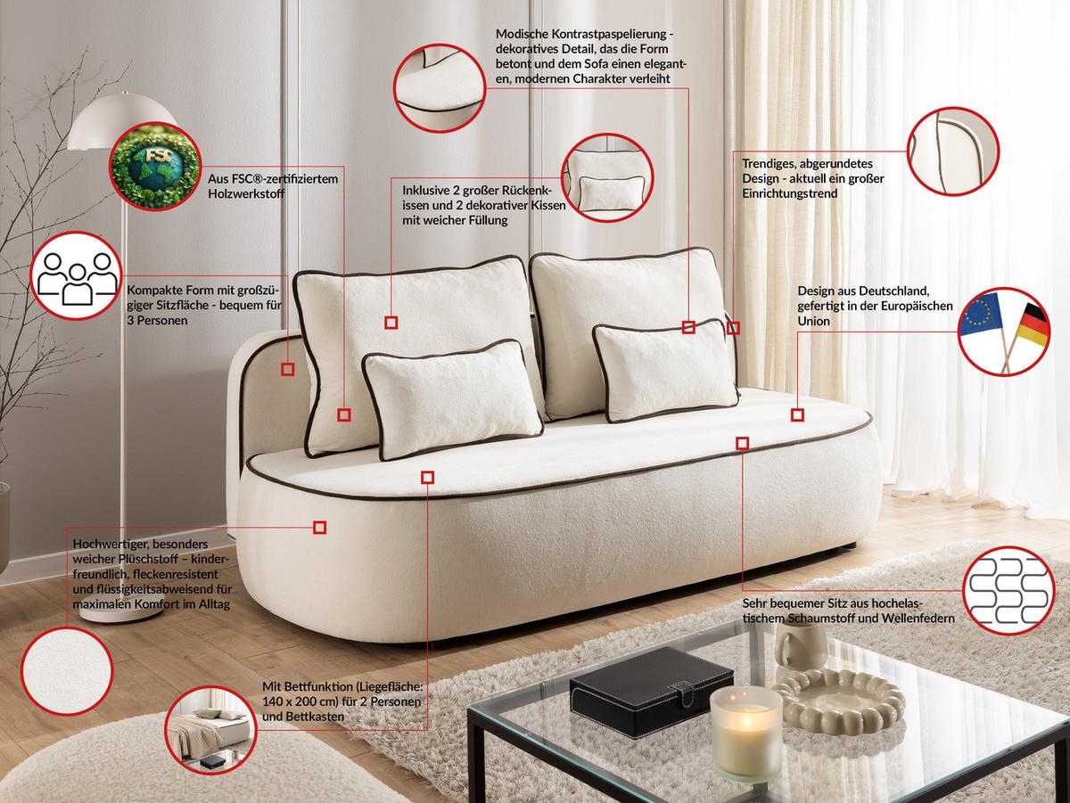 SCHLAFSOFA Vero im modernen und abgerundeten Design mit Bettkasten aus Creme Plüschstoff mit brauner Paspel - Creme/Schwarz, Holz/Kunststoff (210/90/98cm) - S-Style Möbel